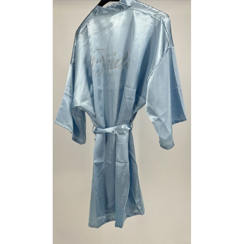 Satin Blue Bride Rhinestone Silk Bath Robe - Picture 9 of 9